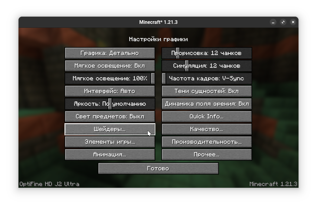 Кнопка Наборы шейдеров... (OptiFine)